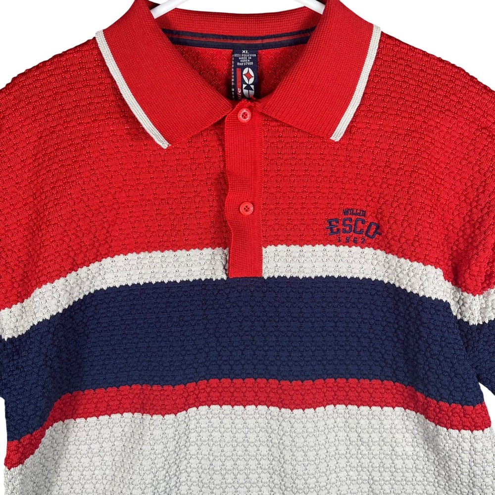 Willie Esco Polo Shirt Mens XL Red White Blue Colorblock Textured Knit Vintage